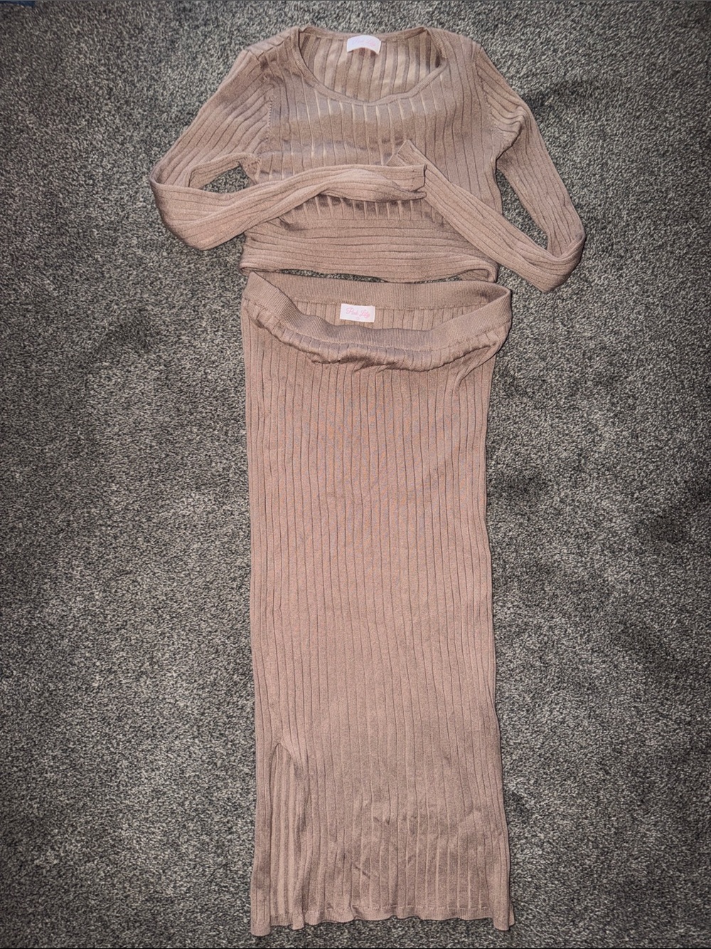 Pink Lily Ribbed Two-Piece Skirt Set - Taupe